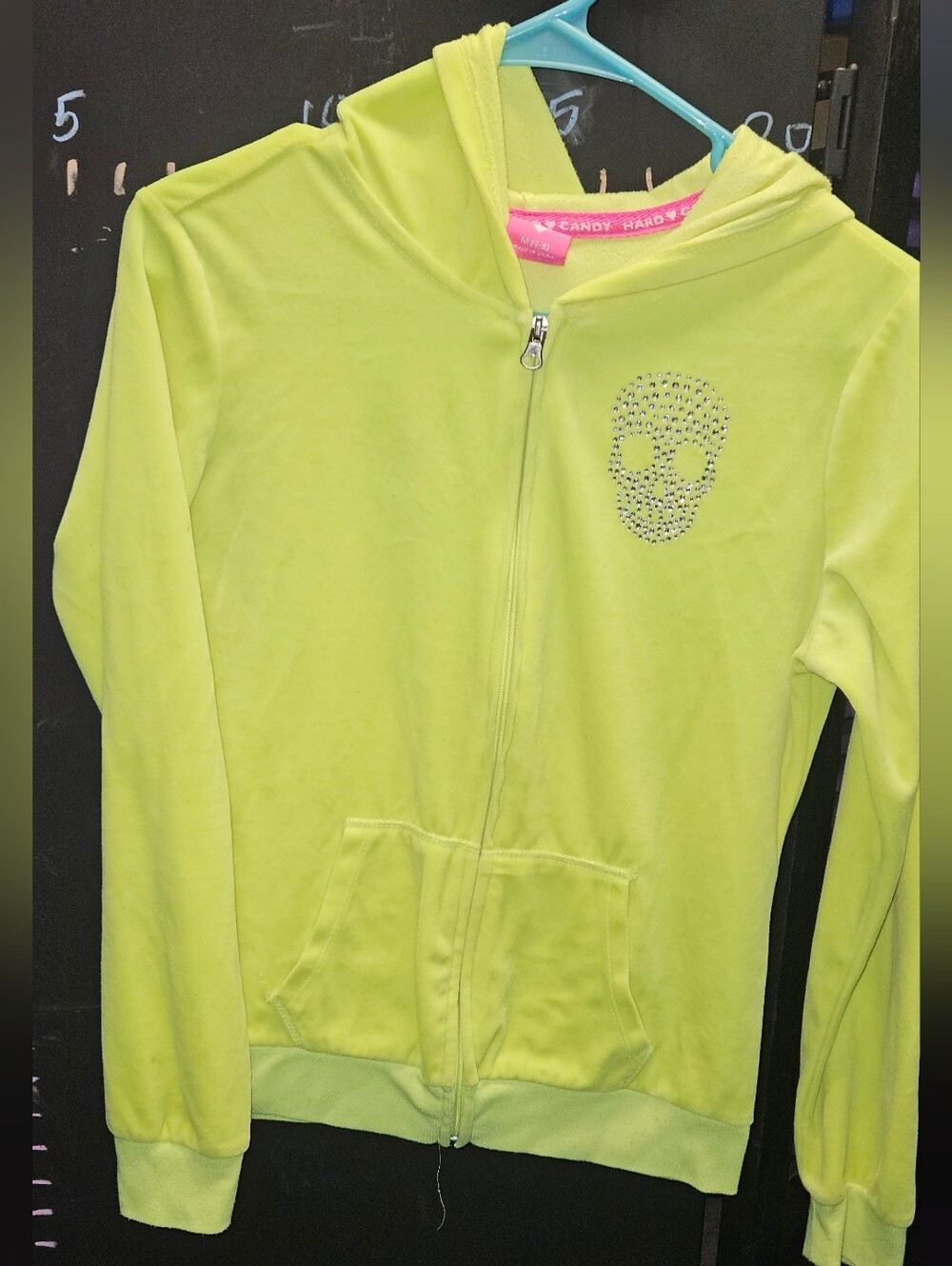 Hard Candy Neon Lime Crystal Skull Zip Hoodie Juniors Medium 7-9 M